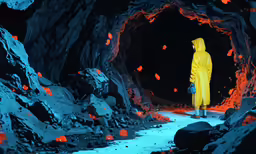 a man in yellow rain coat walking through a tunnel
