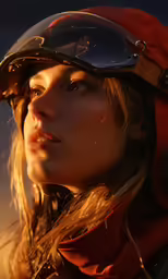a woman wearing a helmet, looking off into the distance