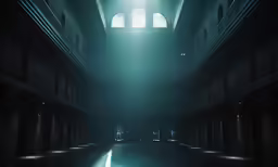 an empty dimly lit hallway with concrete walls