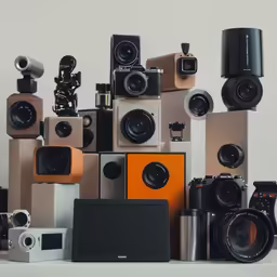 many different kinds of cameras are stacked on top of each other