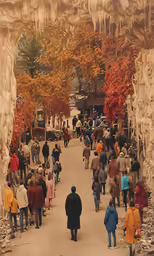 a group of people walking down a road near trees and buildings