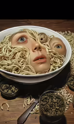 a woman in a bowl with noodles on the face and eye