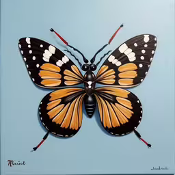 a brown and black butterfly with white spots on it,a monarch butterfly on a blue background