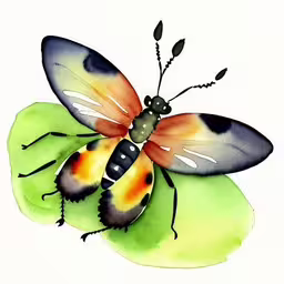 the insect is on a green leaf and is painted with watercolors,a drawing of an insect on top of a leaf