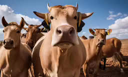 brown cows are looking at the camera in front of a large group of other cows