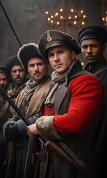 a group of men in costume holding weapons