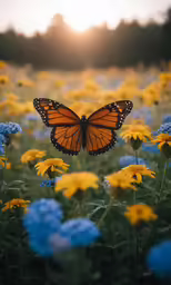 a butterfly flying in the air above blue and yellow flowers