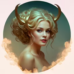 a woman with horns is posing for a portrait