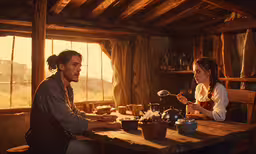 an image of man and woman having dinner in a rustic cabin,the man and woman are sitting at a table