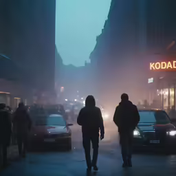cars and pedestrians are passing by on the side walk at night