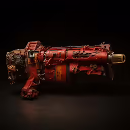 a red robot toy on a black background