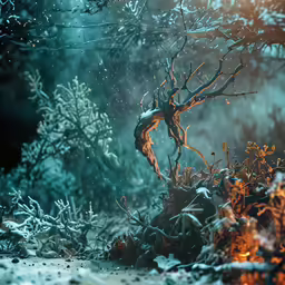 a painting of a frosty tree in the distance