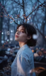 a girl in the woods, surrounded by a lot of rocks and trees