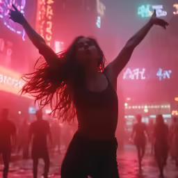 the girl is posing in the city at night