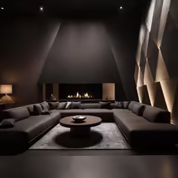 an extravagant living room with a large couch and fireplace