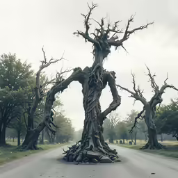 an old tree sitting on the side of a road