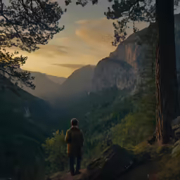a man stands on the edge of a cliff overlooking trees, mountains and sun rays