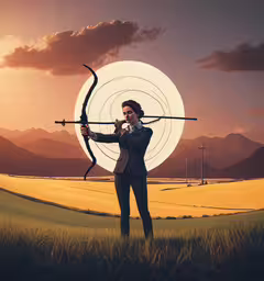 a woman holding an arrow while standing in a field,a man holding a bow and a arrows that point in the same direction