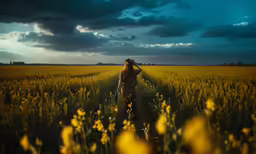 a girl standing in the middle of a grassy field