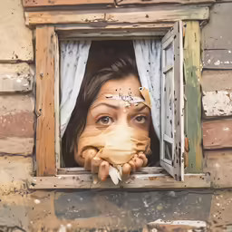 a woman is peering out of a window with her hands covering her face