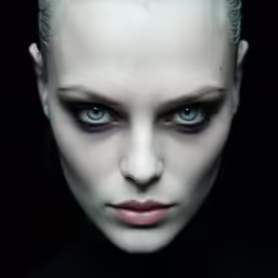 an extremely evil looking woman with blue eyes