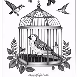 a drawing of two birds inside a cage,the birds in the bird cage are all flying around