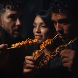 two people and one is eating noodles from a bowl