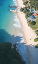an aerial view of an ocean, with sandy shoreline and houses