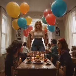 the woman in a skirt is holding up many balloons