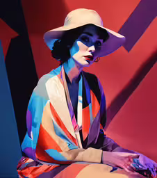 the woman in the colorful hat is posing for the photo,a woman wearing a colorful dress and large hat