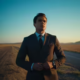 a man in suit posing on a rural road