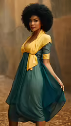 an african american woman posing in green and yellow dress