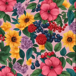 a painting of flowers and berries on a pink background