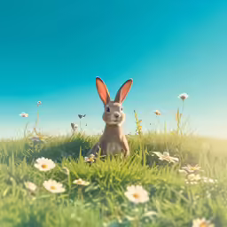 a bunny rabbit sitting in a green field