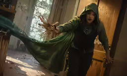 a woman wearing a hoody is holding the doors of a room