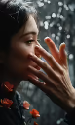 a woman holds her face close to the camera