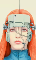 a red - haired woman has her hair styled like a robot