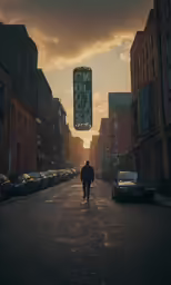 a lone man walks down an urban street at sunset