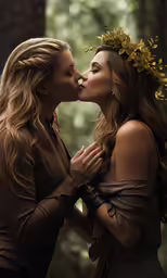 two beautiful women are sharing a kiss while in the forest