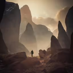 a lone person standing on a rocky area