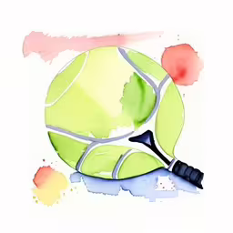 there is a painting of a tennis ball and racket,watercolor painting of a tennis ball on a racket,a painting of a tennis ball with a racquet resting on it,a watercolor painting of a tennis ball and racquet,a tennis ball on a racket resting on the ground