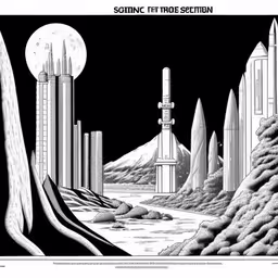 an old poster depicting the time and life of sci - fi film crew members,some sci movies and futuristic space shuttles on a black background