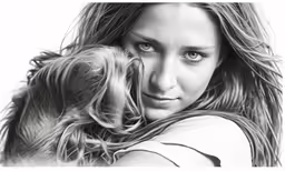 black and white photo of a woman hugging a dog