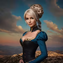 a woman wearing a long dress and braid in a landscape