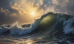 a large wave crashes into shore with its end caps and ocean spray