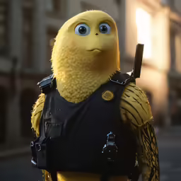 the big hero character, bum, is posed in the street