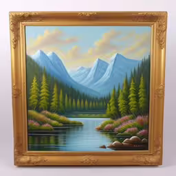 a painting of trees and mountains over water,a painting is displayed on a white wall