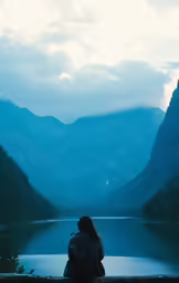 a person is sitting by the edge of a body of water