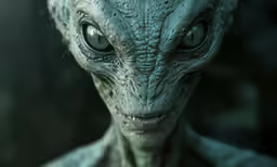 a close up of a creepy alien face and green eyes