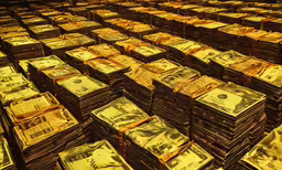 stacks of gold bills are shown stacked in rows,many stacks and piles of rolled up money